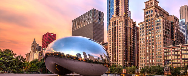 "The Bean" sculpture in Millennium Park in Chicago, Illinois.